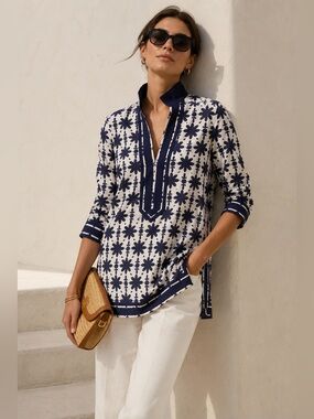 Tory Burch Navy & White Cotton Printed Tunic Blouse | Size 8 | Resort Coastal